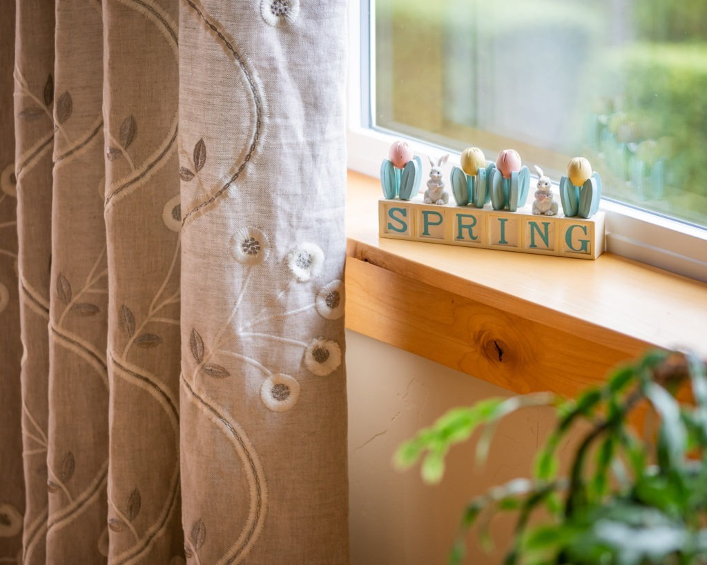 close up view of embroidered linen drapery